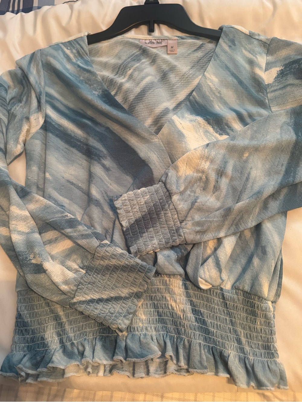 Light Blue Tie-Dye Smocked Waist Blouse
